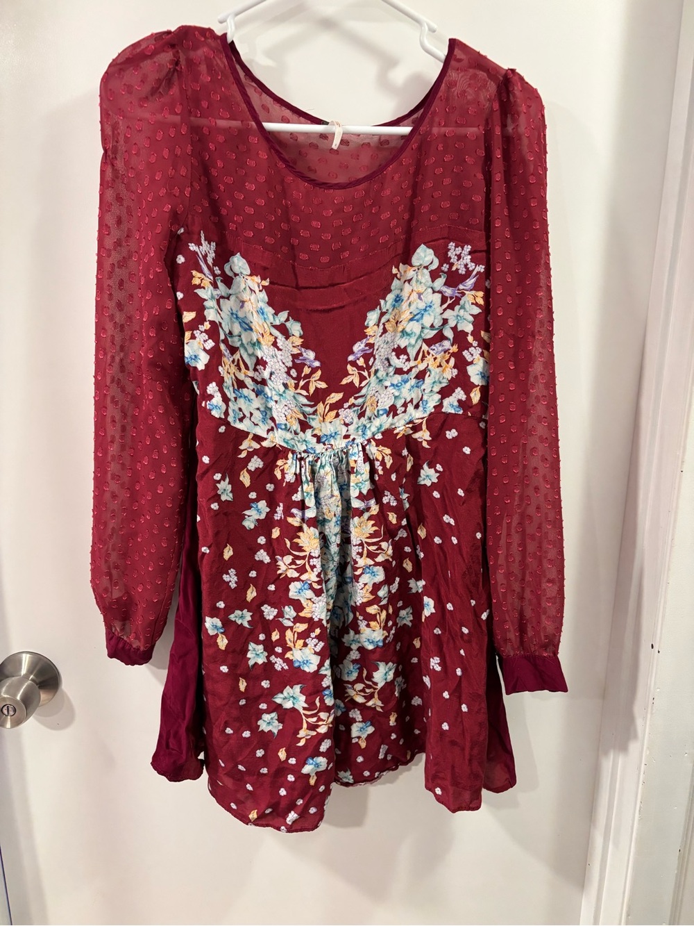 Free People Women's Burgundy Floral Pattern Long-Sleeve Dress